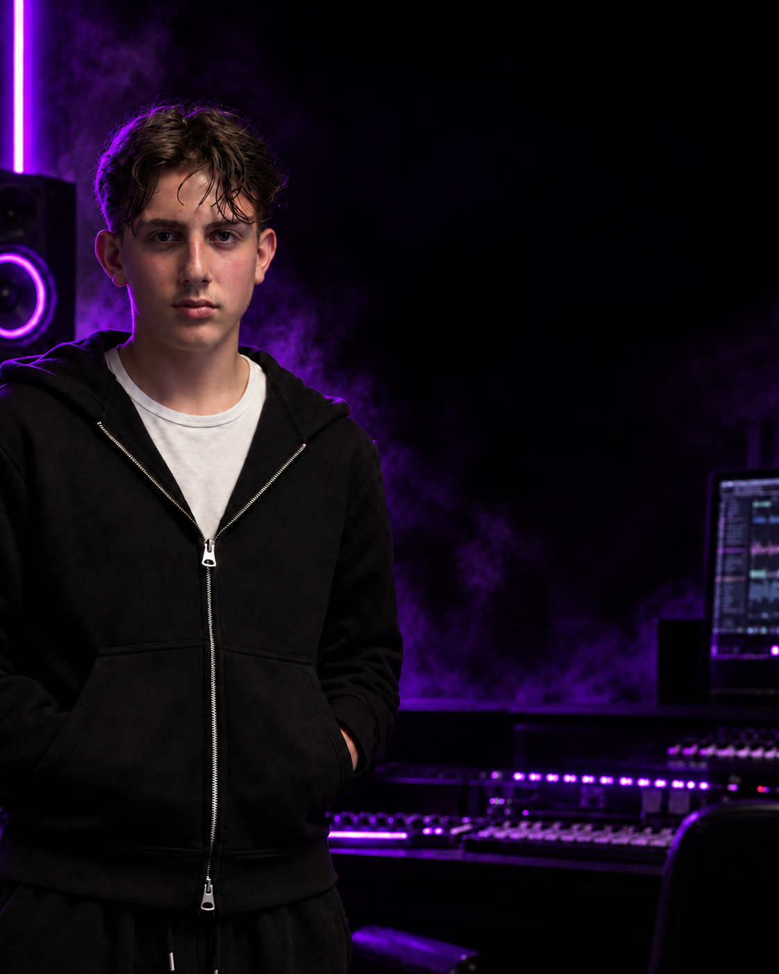 Aurelo, Producer bei Youngstar Factory, im violett beleuchteten Studio