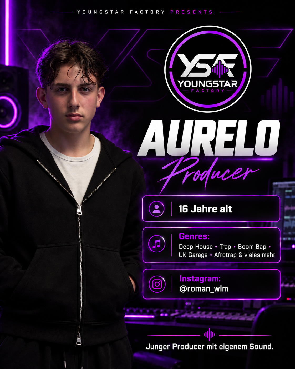 Aurelo, Producer bei Youngstar Factory, im violett beleuchteten Studio
