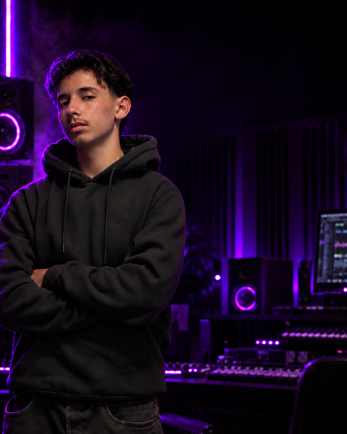 Ugee, Producer bei Youngstar Factory, im violett beleuchteten Studio